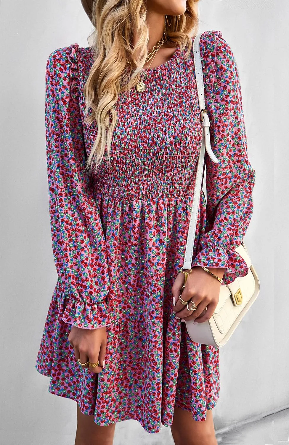 KIRUNDO Spring Dresses for Women 2025 Summer Smocked Long Sleeve Floral Crewneck Ruffle A Line Flowy Party Mini Dress