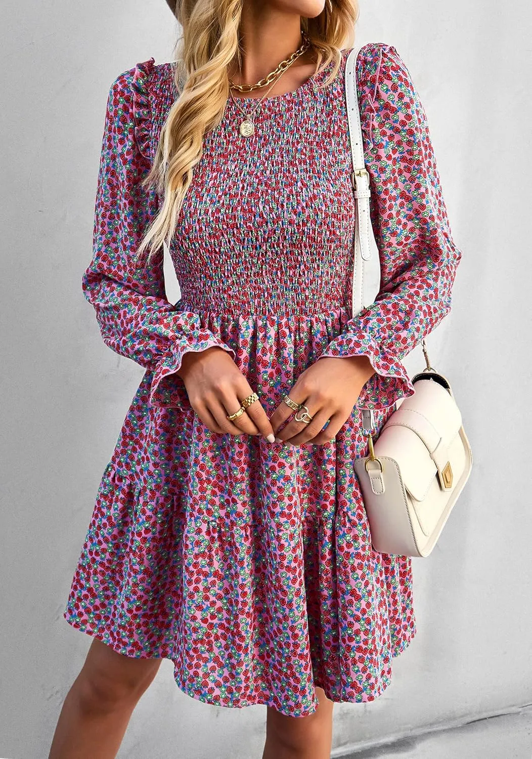 KIRUNDO Spring Dresses for Women 2025 Summer Smocked Long Sleeve Floral Crewneck Ruffle A Line Flowy Party Mini Dress