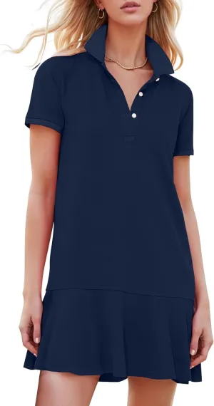 Kissonic Women's Polo Dress Short Sleeve V Neck Ruffle Hem Casual Summer Golf Tennis Mini Shirt Dresses(Navy-S)