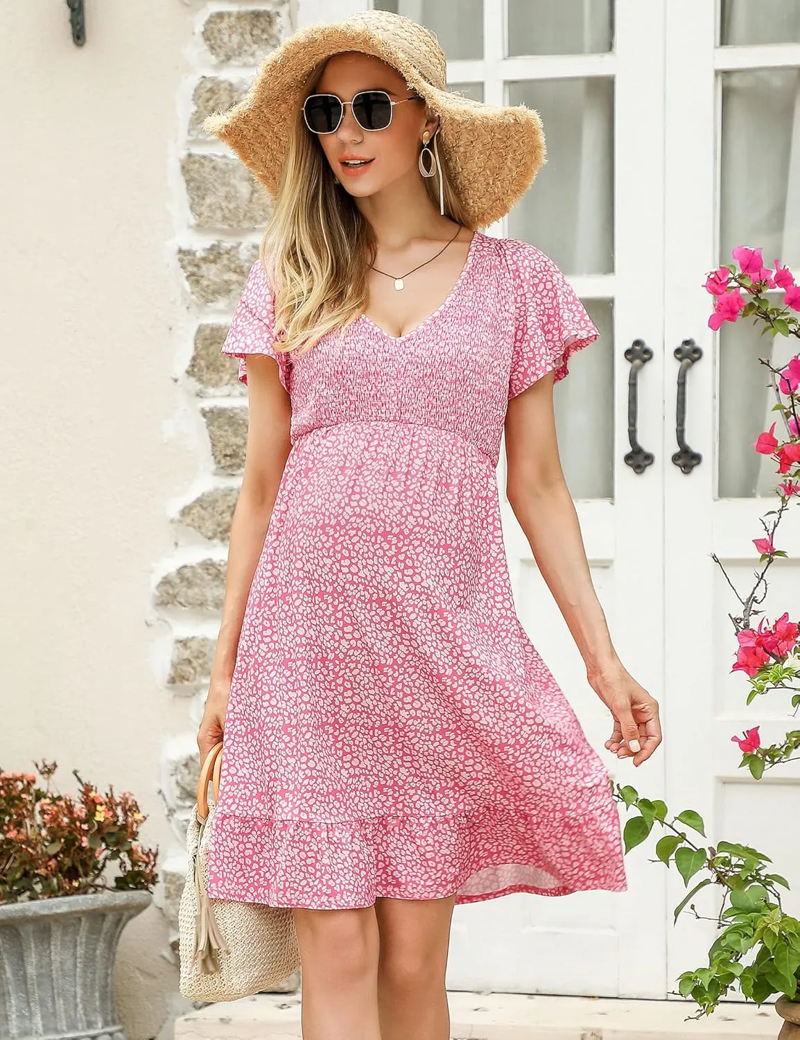 KOJOOIN Women's Maternity Smocked Short Sleeve Summer Dress V Neck Boho Ruffle Casual Swing Midi Dress Baby Shower Photoshoot