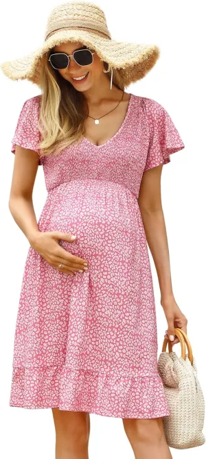 KOJOOIN Women's Maternity Smocked Short Sleeve Summer Dress V Neck Boho Ruffle Casual Swing Midi Dress Baby Shower Photoshoot