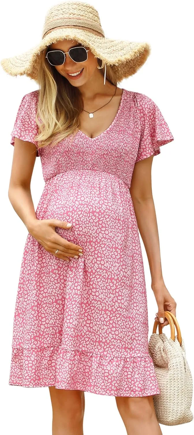 KOJOOIN Women's Maternity Smocked Short Sleeve Summer Dress V Neck Boho Ruffle Casual Swing Midi Dress Baby Shower Photoshoot