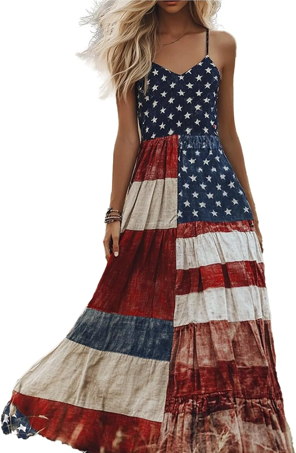 Maxi Dresses for Seniors Women's Independence Day Patch Art Line Dress Floral American Flag Dresses 2025