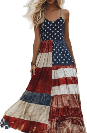 Maxi Dresses for Seniors Women's Independence Day Patch Art Line Dress Floral American Flag Dresses 2025