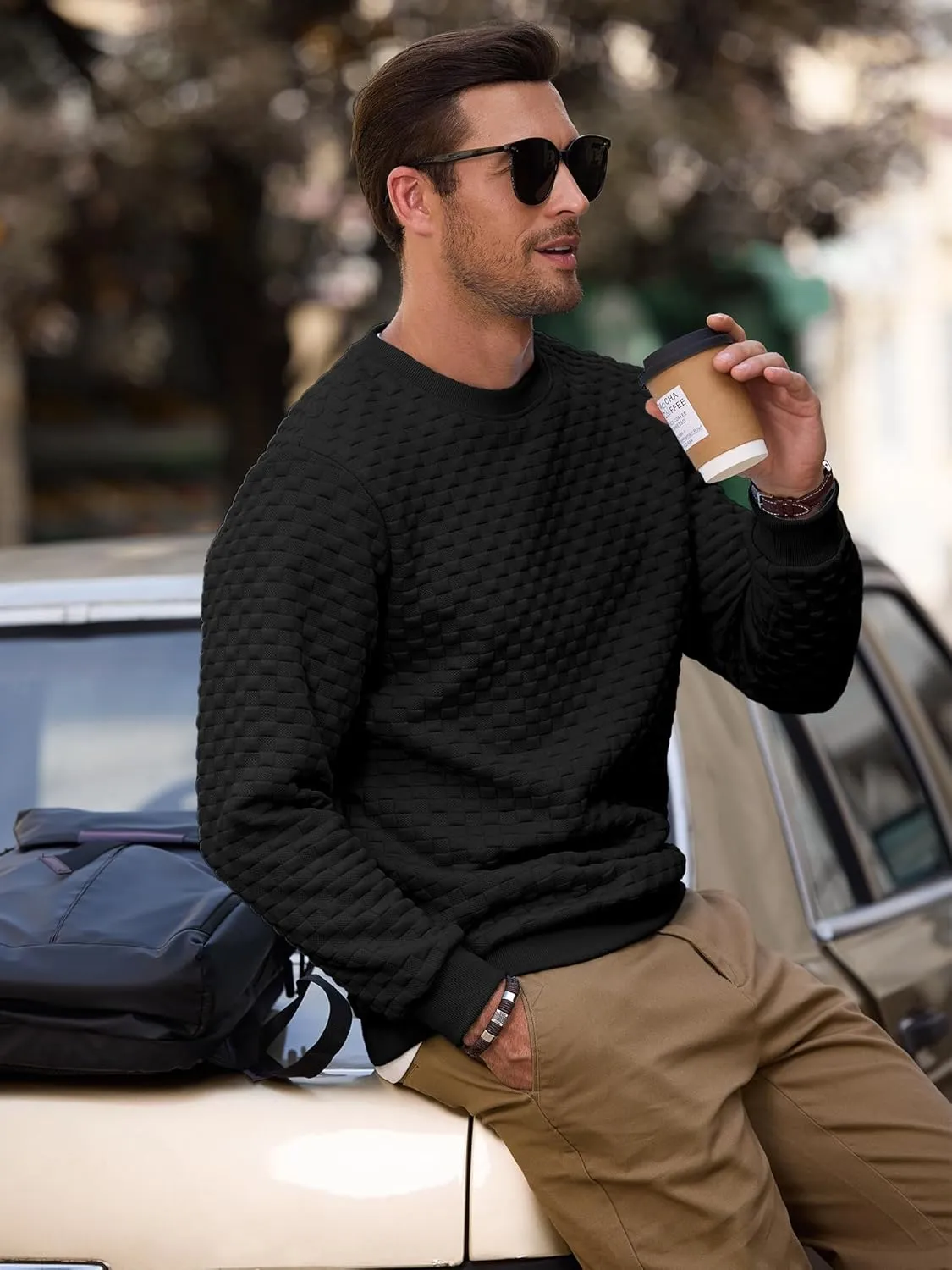 Men's Crewneck Sweatshirts Solid Color Checkered 3D Texture Long Sleeve Casual Basics Pullover Shirt