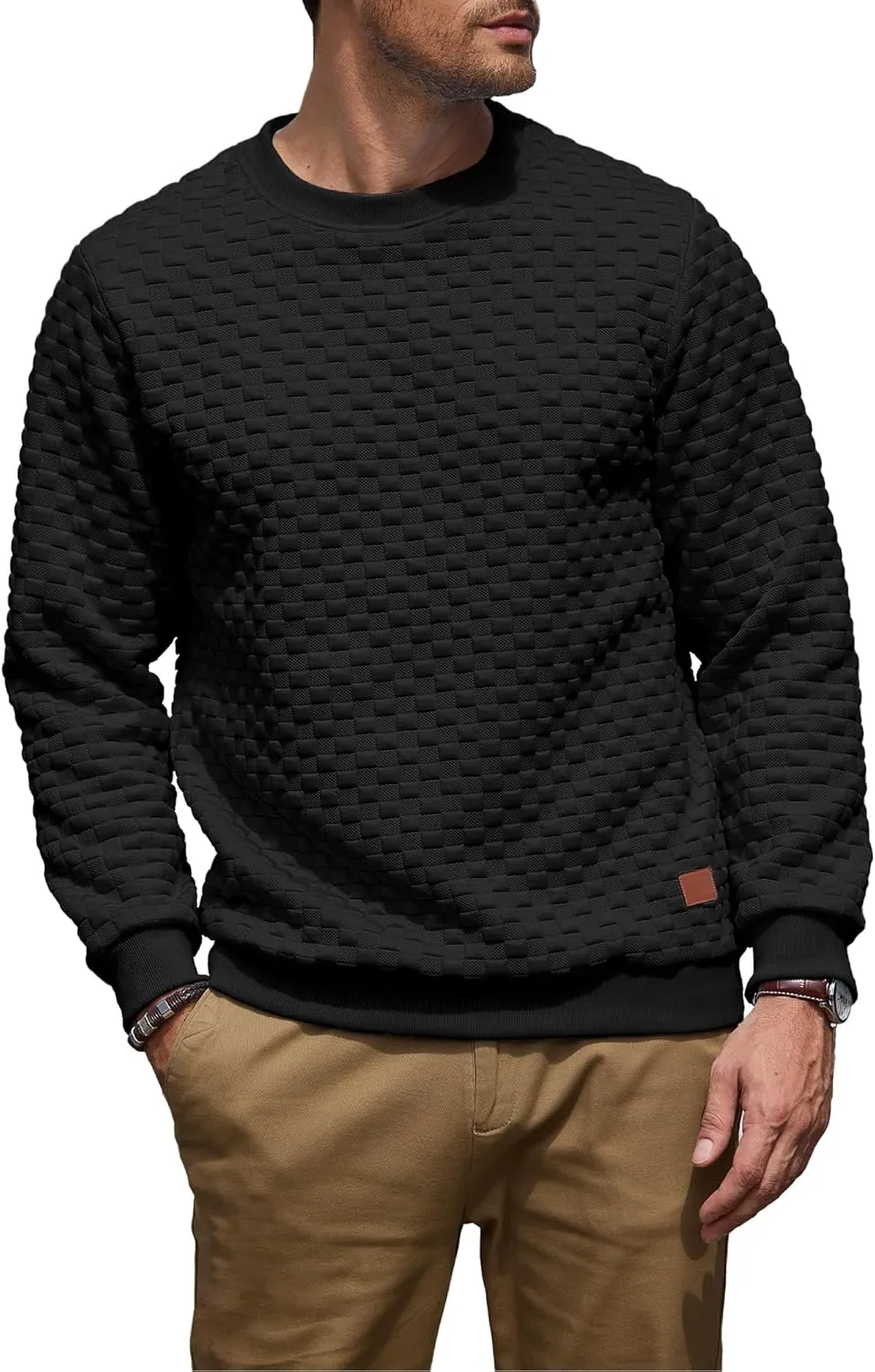 Men's Crewneck Sweatshirts Solid Color Checkered 3D Texture Long Sleeve Casual Basics Pullover Shirt