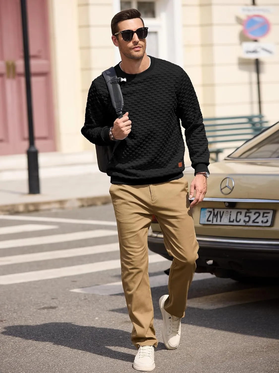 Men's Crewneck Sweatshirts Solid Color Checkered 3D Texture Long Sleeve Casual Basics Pullover Shirt