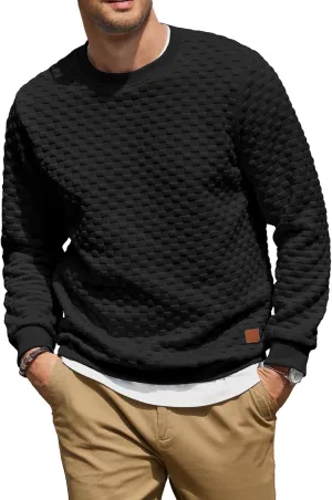 Men's Crewneck Sweatshirts Solid Color Checkered 3D Texture Long Sleeve Casual Basics Pullover Shirt