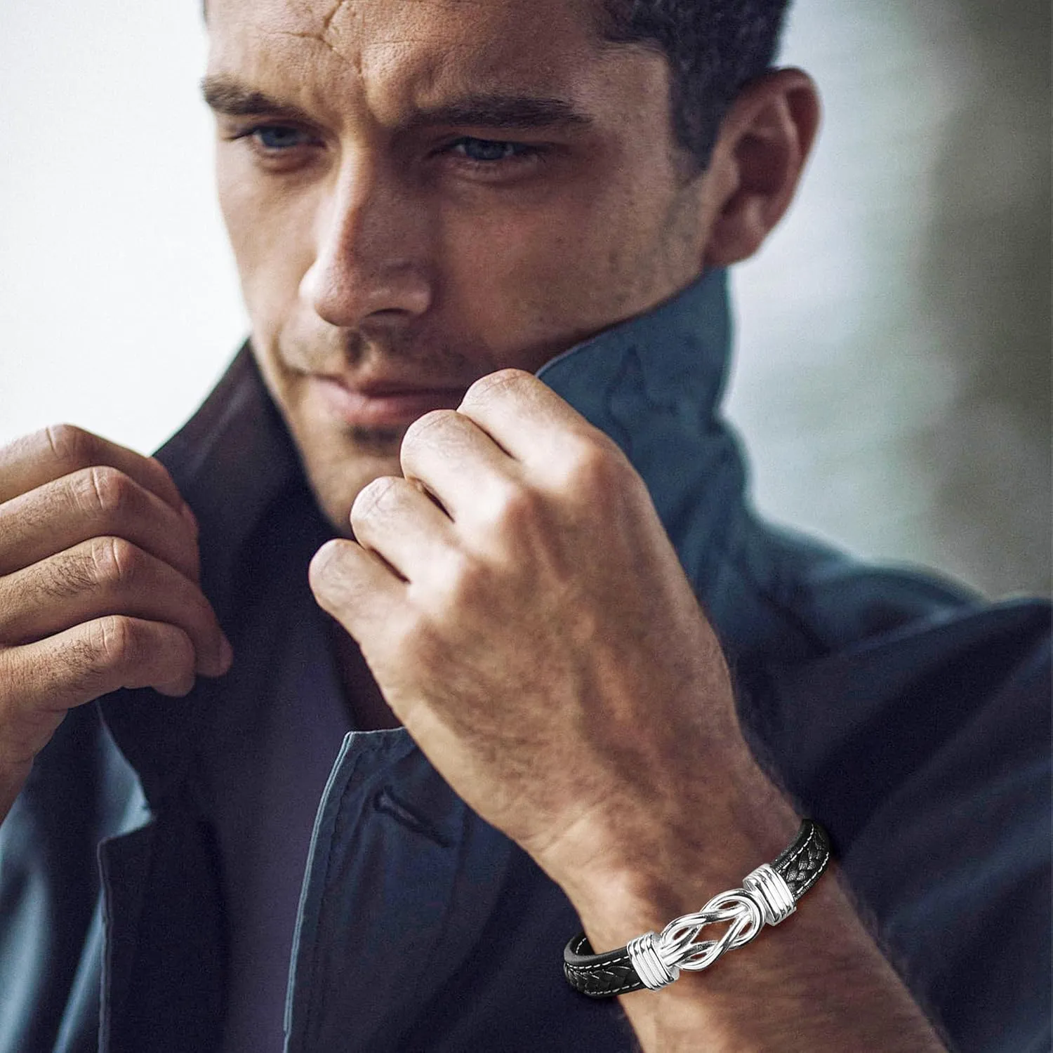 Mens Gift Leather Infinity Bracelet, Braided Black Leather Bracelet Stainless Steel Engraved with Love You Forever Jewelry Gifts for Dad Husband Brother Boyfriend Son 7.5/8/9 Inches