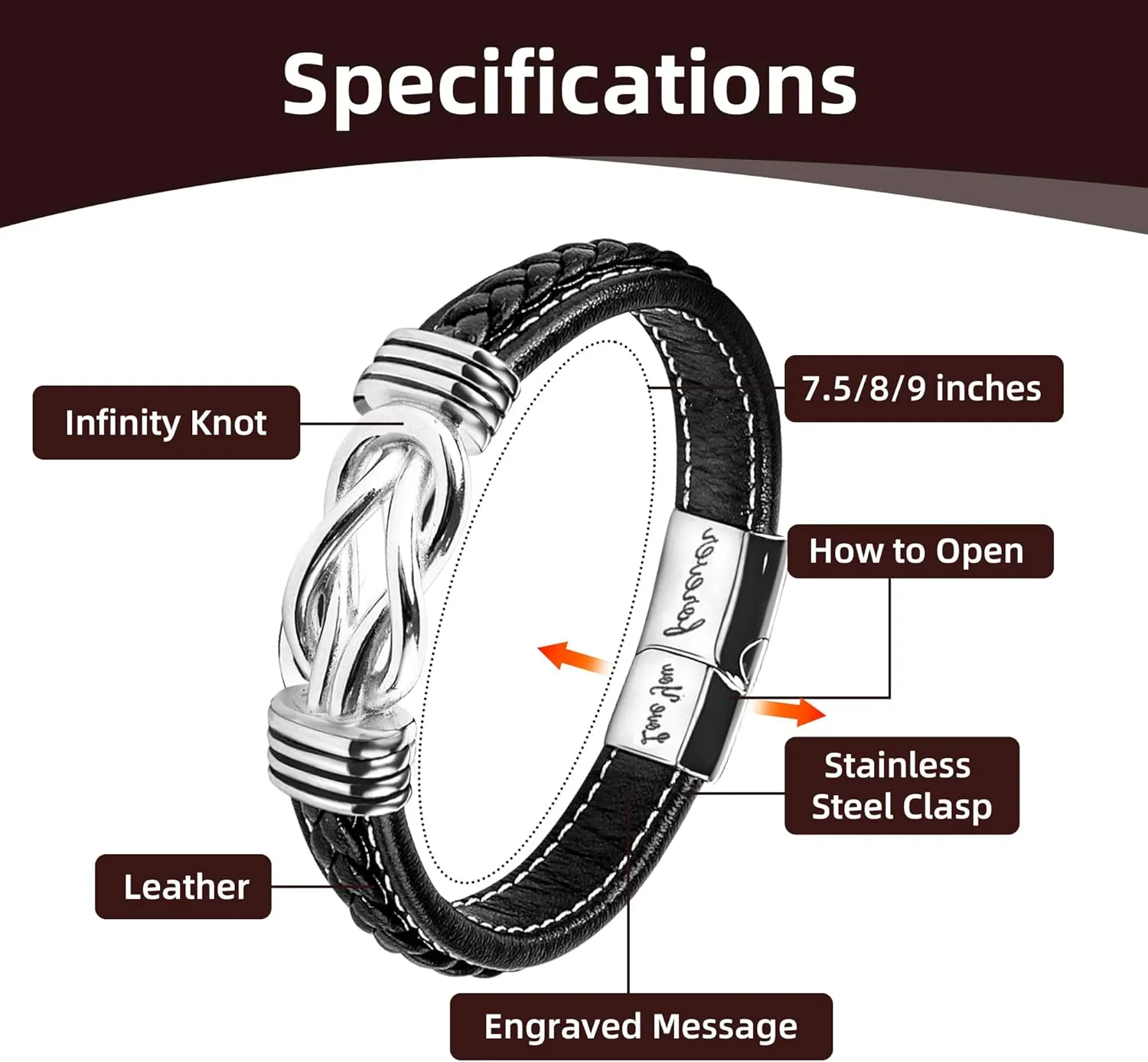 Mens Gift Leather Infinity Bracelet, Braided Black Leather Bracelet Stainless Steel Engraved with Love You Forever Jewelry Gifts for Dad Husband Brother Boyfriend Son 7.5/8/9 Inches