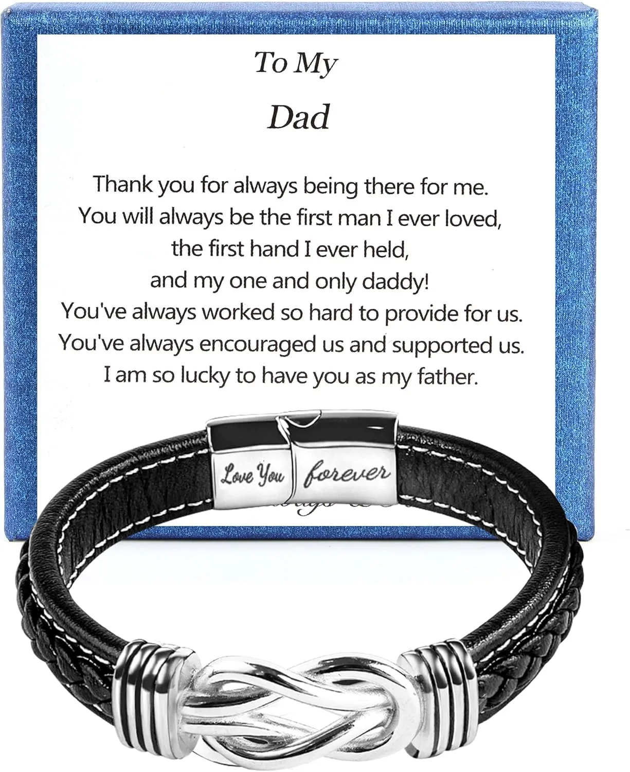 Mens Gift Leather Infinity Bracelet, Braided Black Leather Bracelet Stainless Steel Engraved with Love You Forever Jewelry Gifts for Dad Husband Brother Boyfriend Son 7.5/8/9 Inches