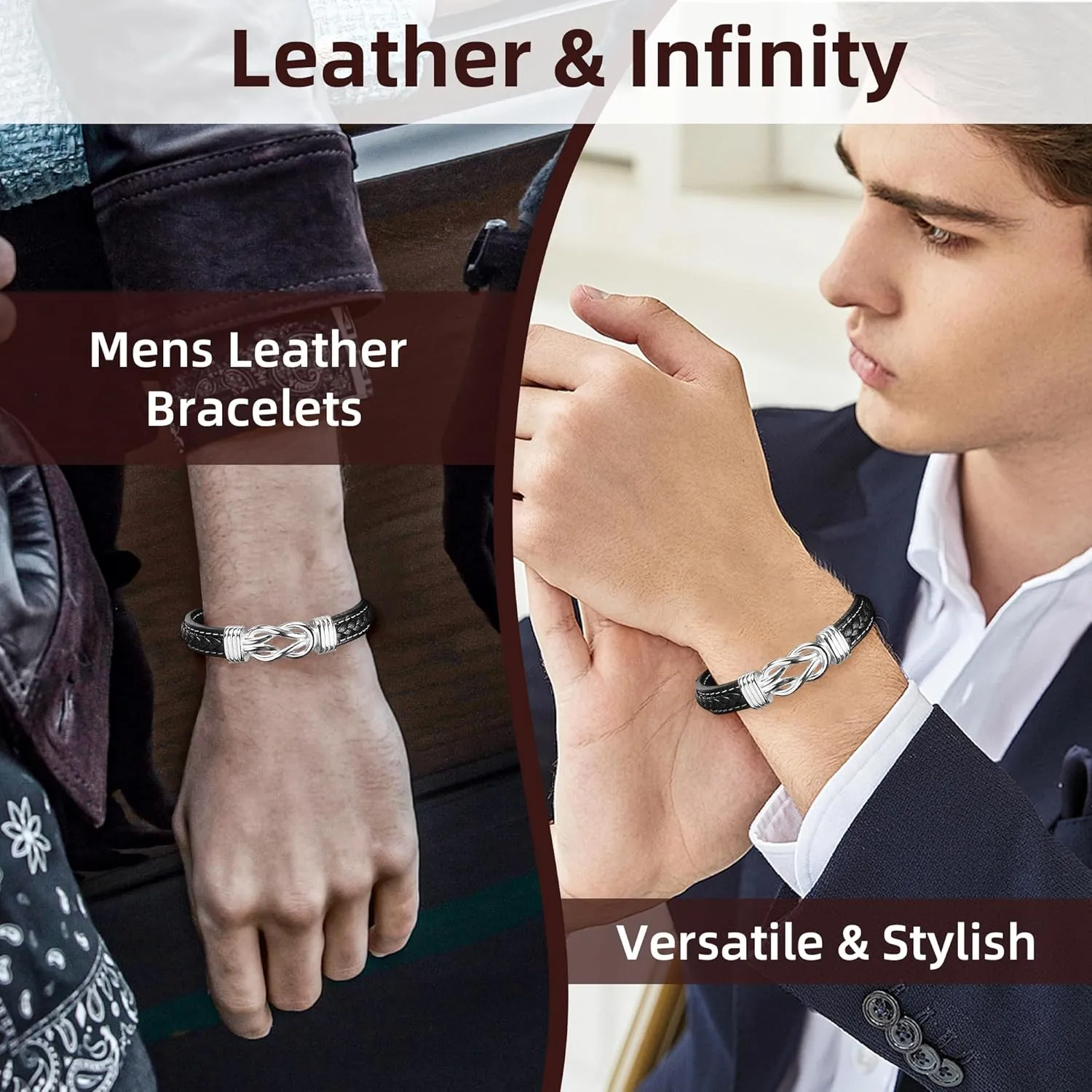 Mens Gift Leather Infinity Bracelet, Braided Black Leather Bracelet Stainless Steel Engraved with Love You Forever Jewelry Gifts for Dad Husband Brother Boyfriend Son 7.5/8/9 Inches