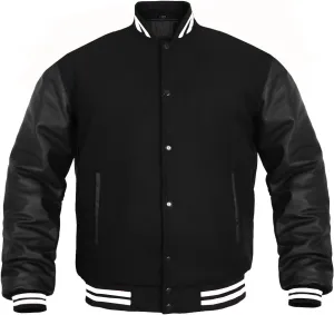 Men's Varsity Jacket Genuine Leather Sleeve and Wool Blend Letterman Boys College Varsity Jackets XS-5XL