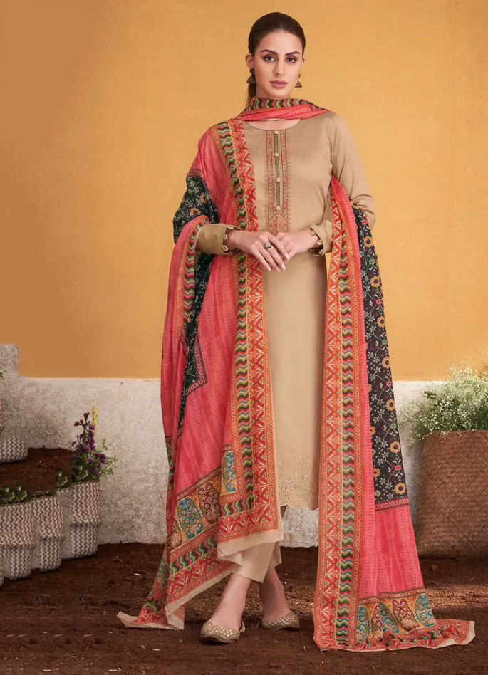 Mumtaz Arts Pure Jam Satin Unstitched Beige Suits Dress Materials