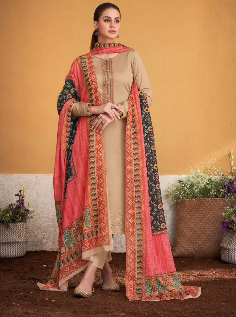 Mumtaz Arts Pure Jam Satin Unstitched Beige Suits Dress Materials