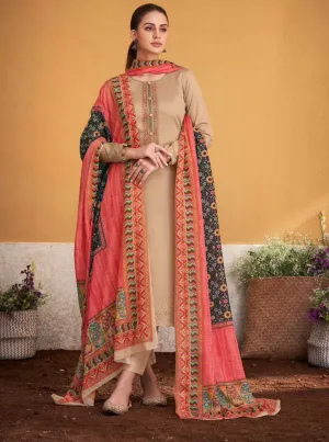 Mumtaz Arts Pure Jam Satin Unstitched Beige Suits Dress Materials