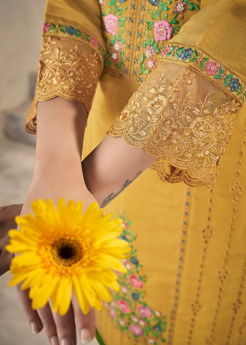 Mustard Roman Silk Embroidered Festive Salwar Kurta Suit