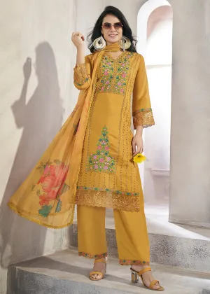 Mustard Roman Silk Embroidered Festive Salwar Kurta Suit