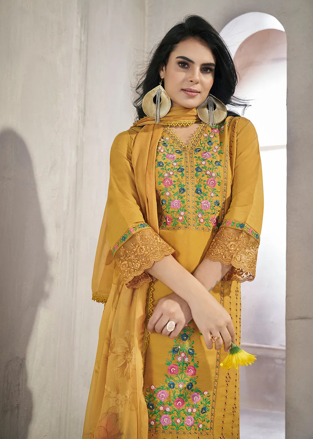 Mustard Roman Silk Embroidered Festive Salwar Kurta Suit