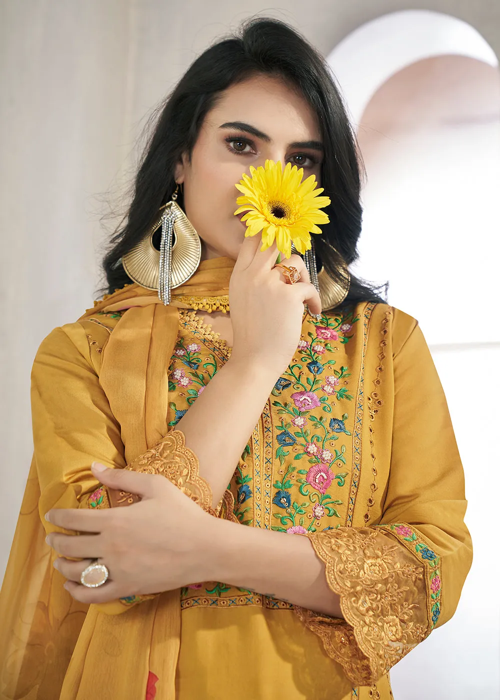 Mustard Roman Silk Embroidered Festive Salwar Kurta Suit