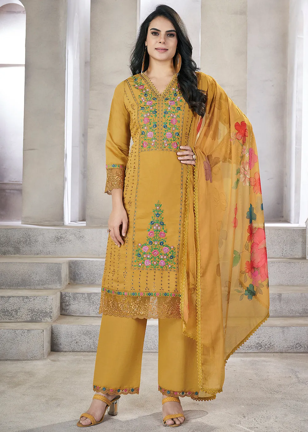 Mustard Roman Silk Embroidered Festive Salwar Kurta Suit