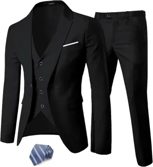 MY'S Men's 3 Piece Slim Fit Suit Set, One Button Solid Jacket Vest Pants with Tie