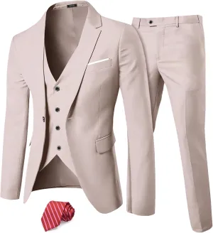 MY'S Men's 3 Piece Slim Fit Suit Set, One Button Solid Jacket Vest Pants with Tie
