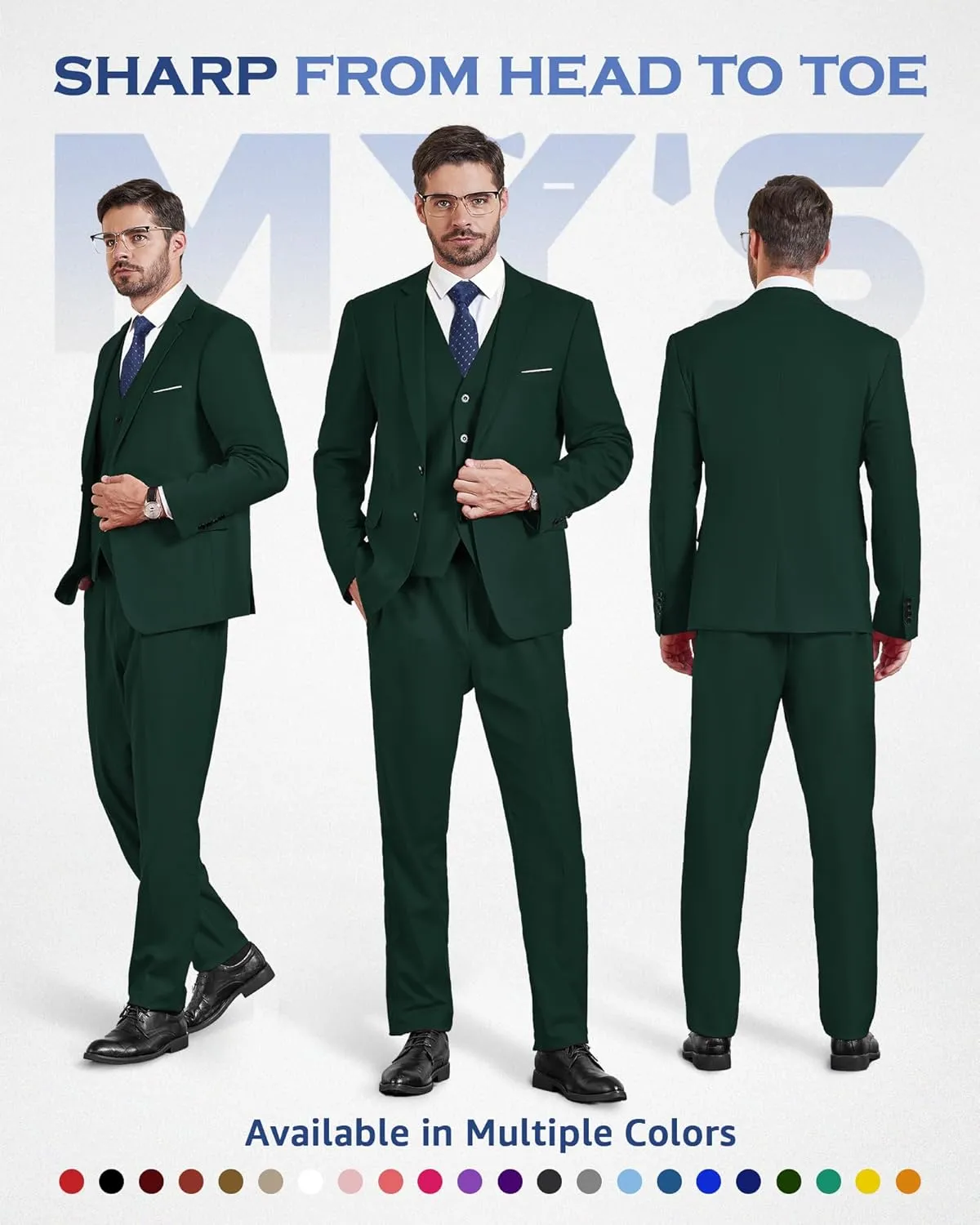 MY'S Men's 3 Piece Slim Fit Suit Set, Two Button Blazer Jacket Vest Pants with Tie, Solid Wedding Dress Tux and Trousers