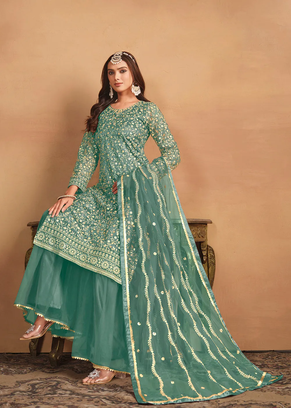 Net Mint Green Embroidered Festive Gharara Style Suit