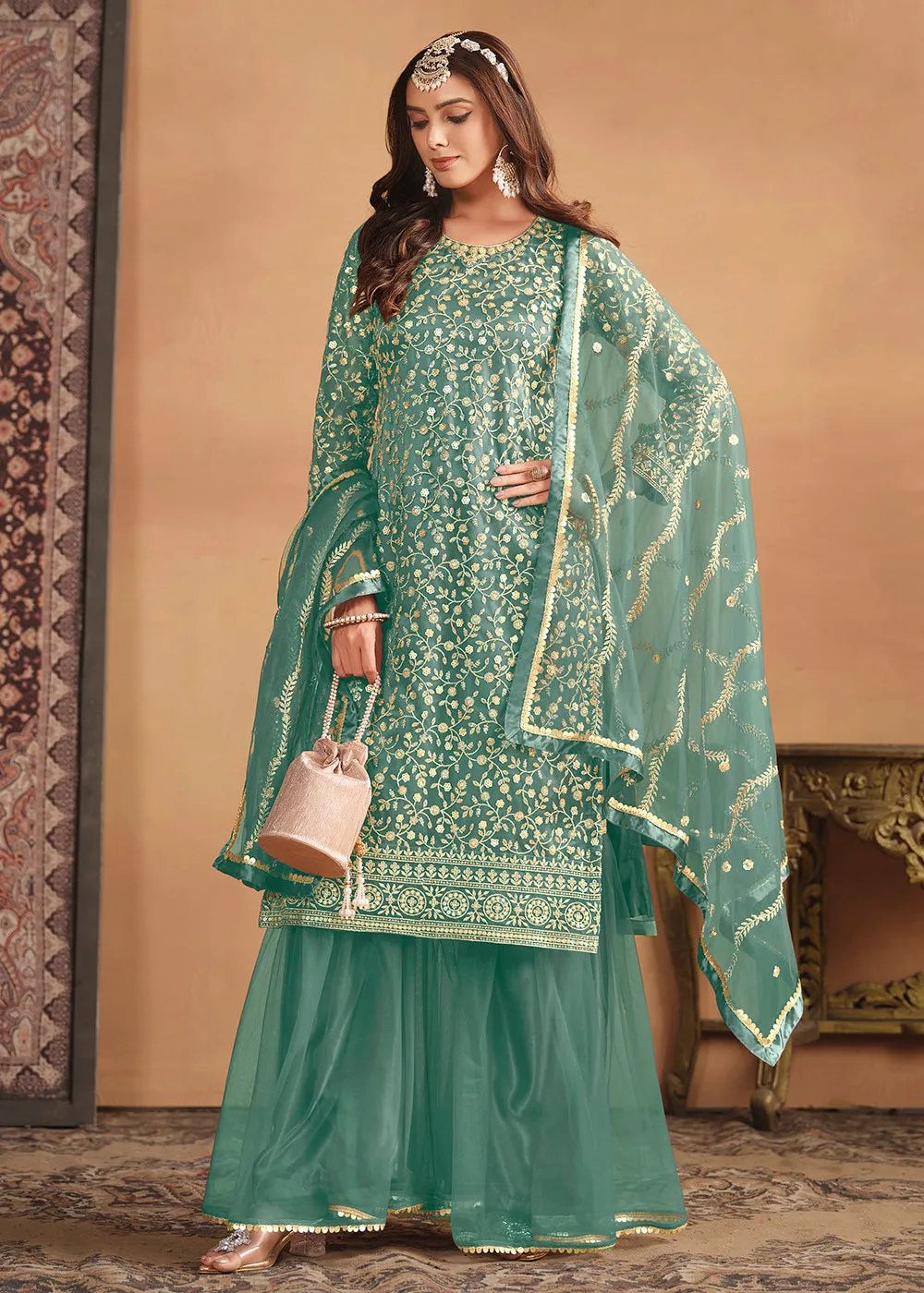 Net Mint Green Embroidered Festive Gharara Style Suit
