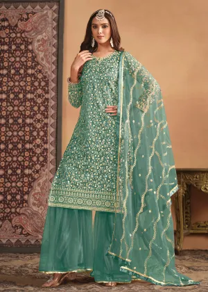 Net Mint Green Embroidered Festive Gharara Style Suit