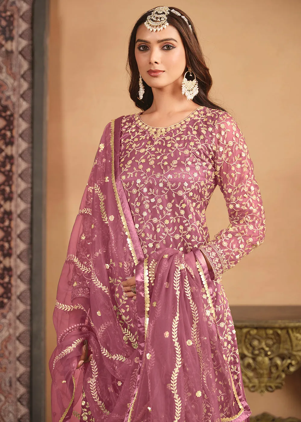 Net Onion Pink Embroidered Festive Gharara Style Suit