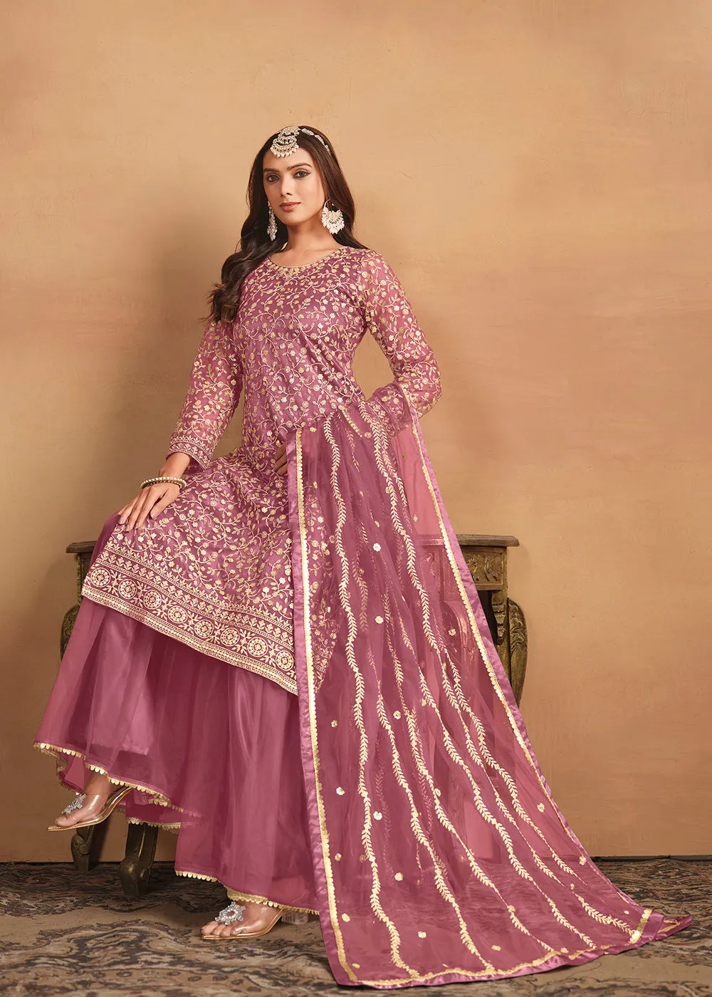 Net Onion Pink Embroidered Festive Gharara Style Suit