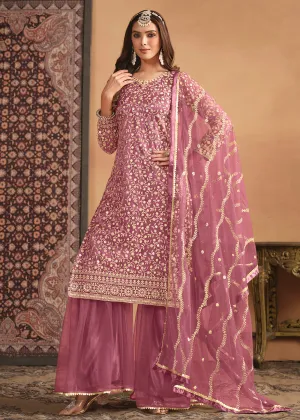 Net Onion Pink Embroidered Festive Gharara Style Suit