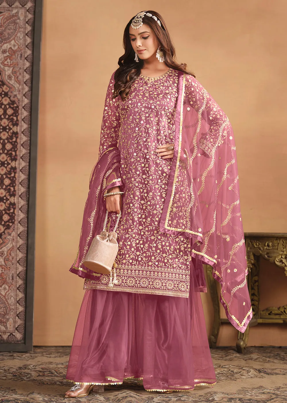 Net Onion Pink Embroidered Festive Gharara Style Suit