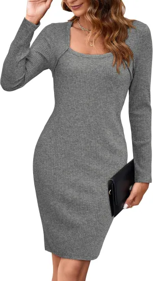 Newshows Womens 2024 Fall Dresses Long Sleeve Square Neck Rib Knit Winter Sweater Dress Bodycon Business Casual Outfits
