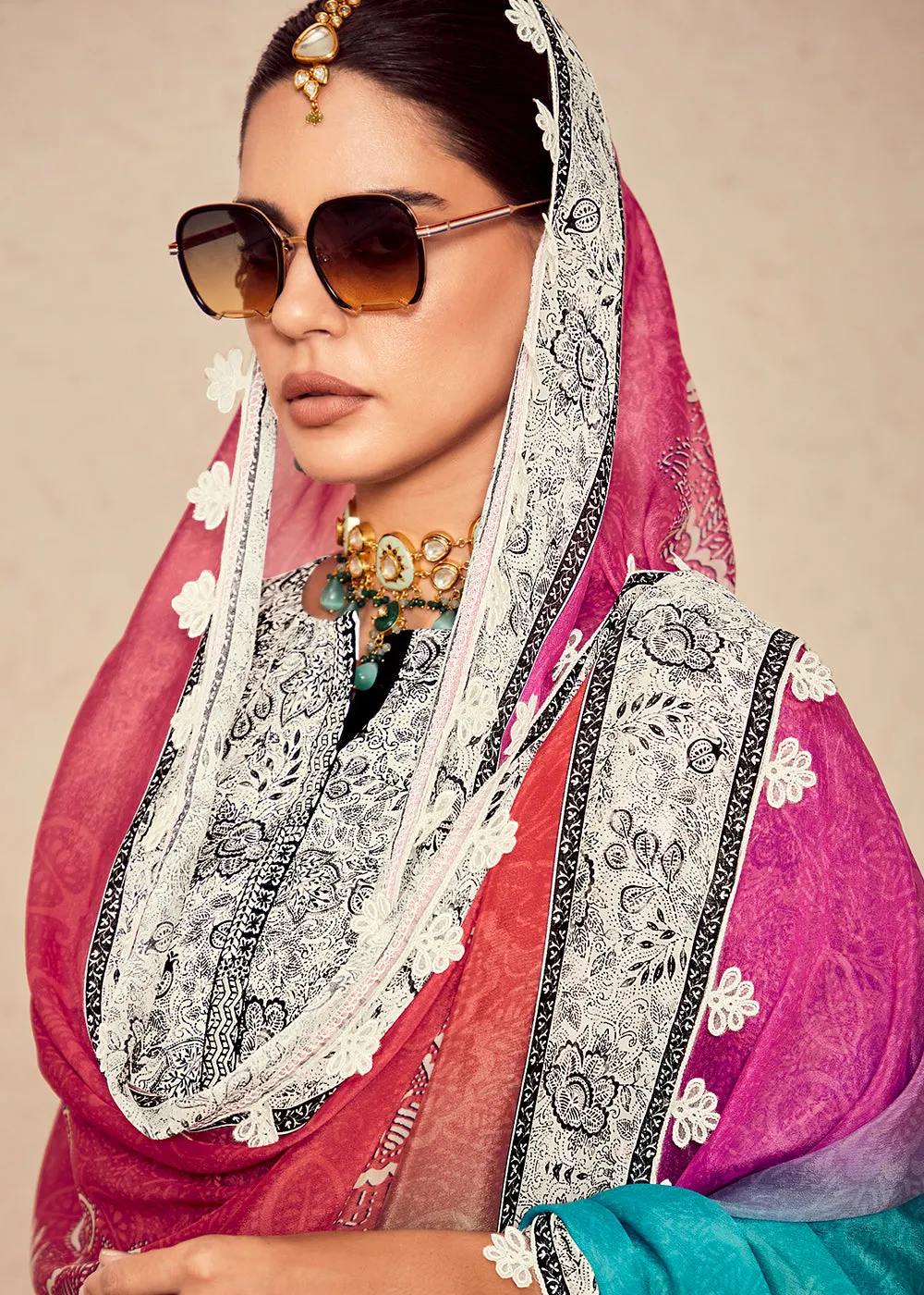 Off White Muslin Cotton Digital Print & Embroidered Salwar Suit