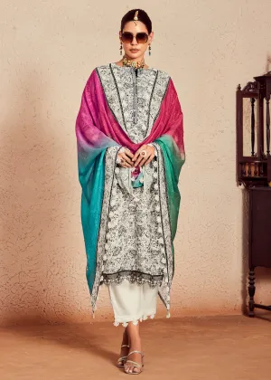 Off White Muslin Cotton Digital Print & Embroidered Salwar Suit