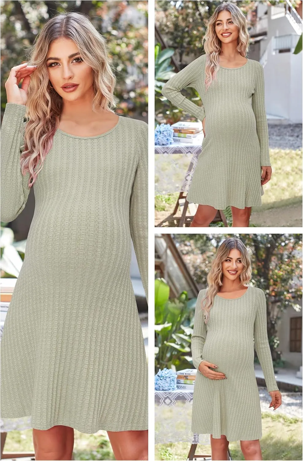 OUGES 2024 Fall Sweater Dress for Women Crew Neck Long Sleeve Knit Lightweight Casual Dresses