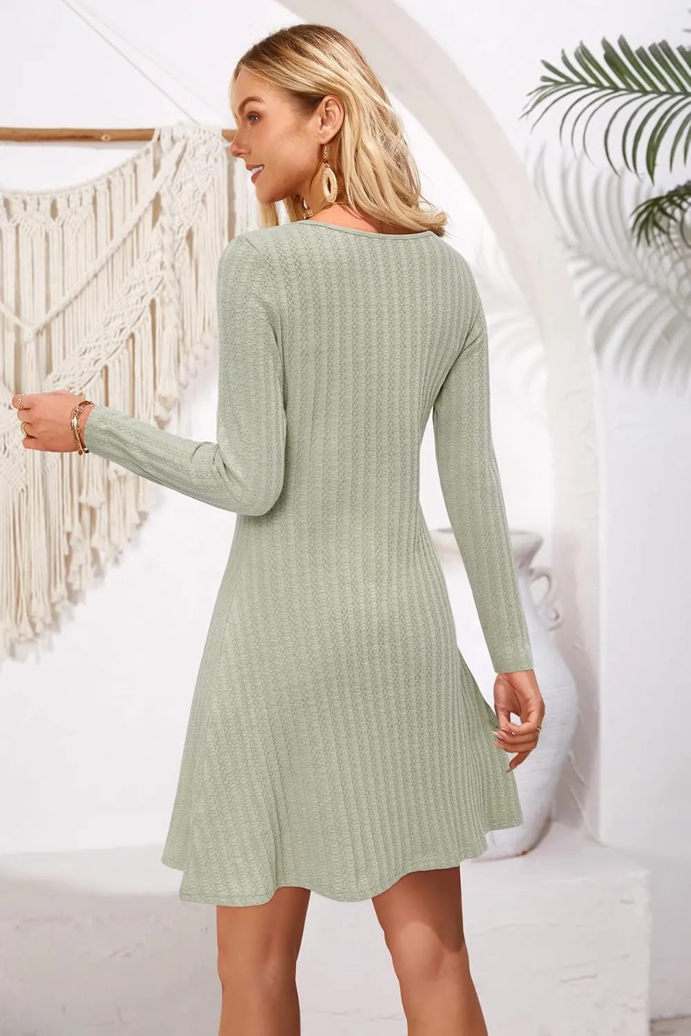OUGES 2024 Fall Sweater Dress for Women Crew Neck Long Sleeve Knit Lightweight Casual Dresses