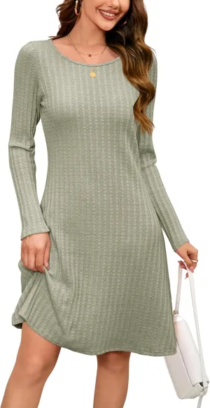 OUGES 2024 Fall Sweater Dress for Women Crew Neck Long Sleeve Knit Lightweight Casual Dresses