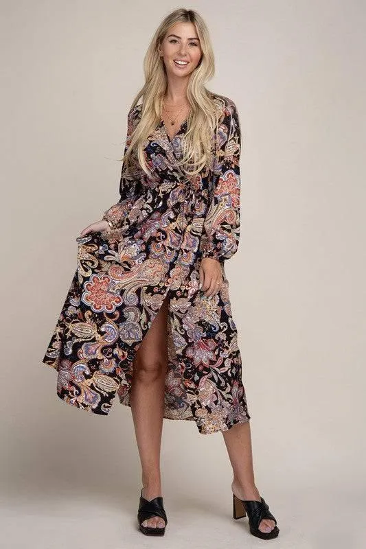 Paisley shirred waist long sleeve dress