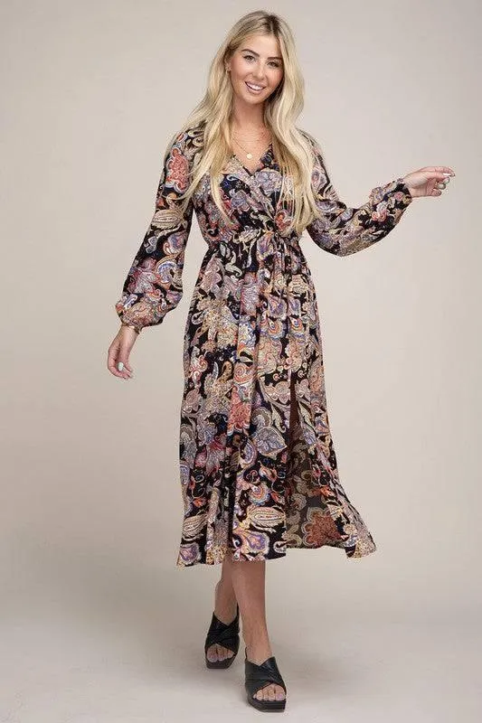 Paisley shirred waist long sleeve dress