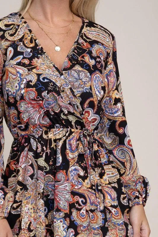 Paisley shirred waist long sleeve dress