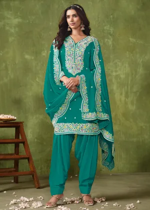 Patiala Style Turquoise Chanderi Silk Punjabi Salwar Suit