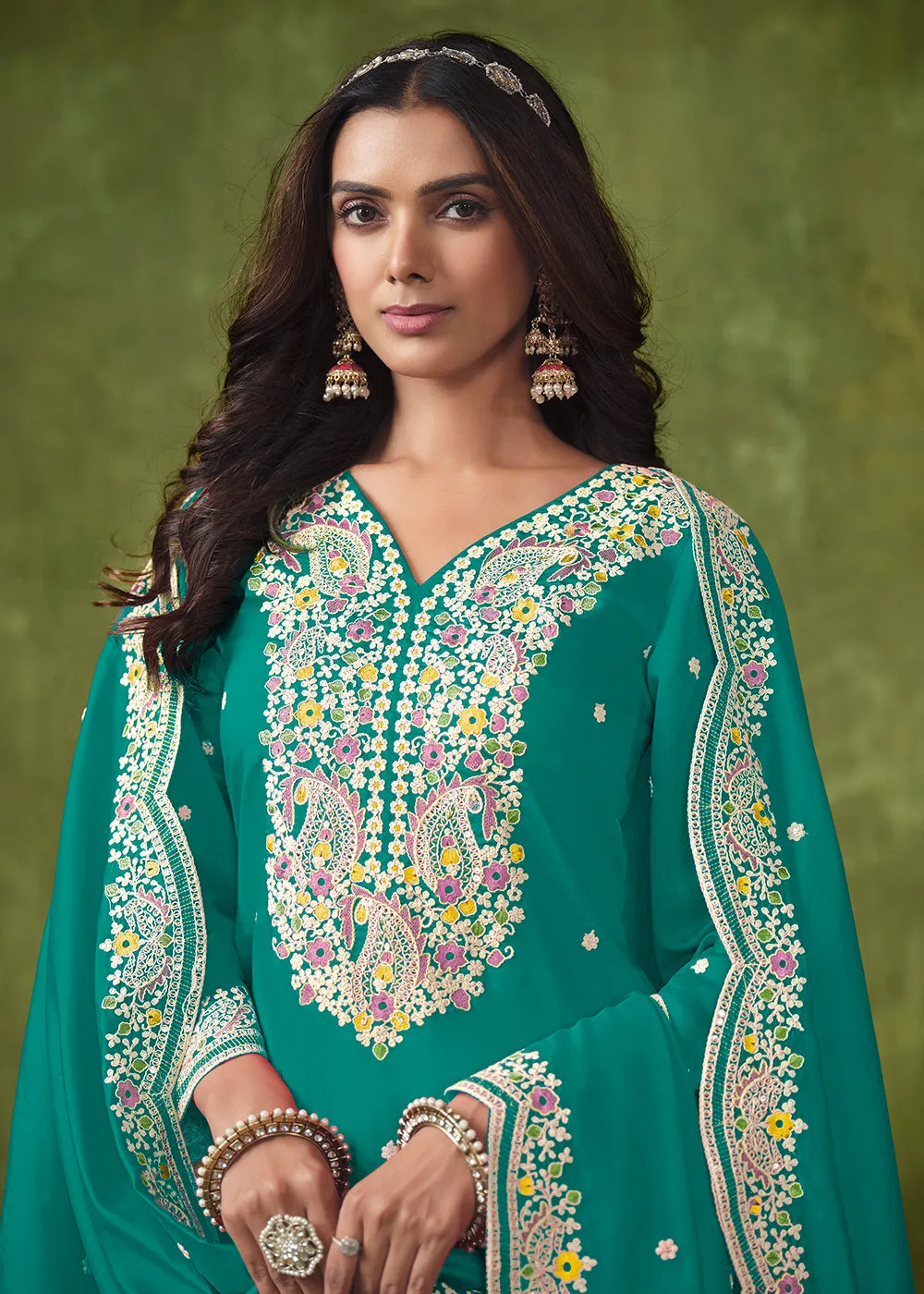 Patiala Style Turquoise Chanderi Silk Punjabi Salwar Suit