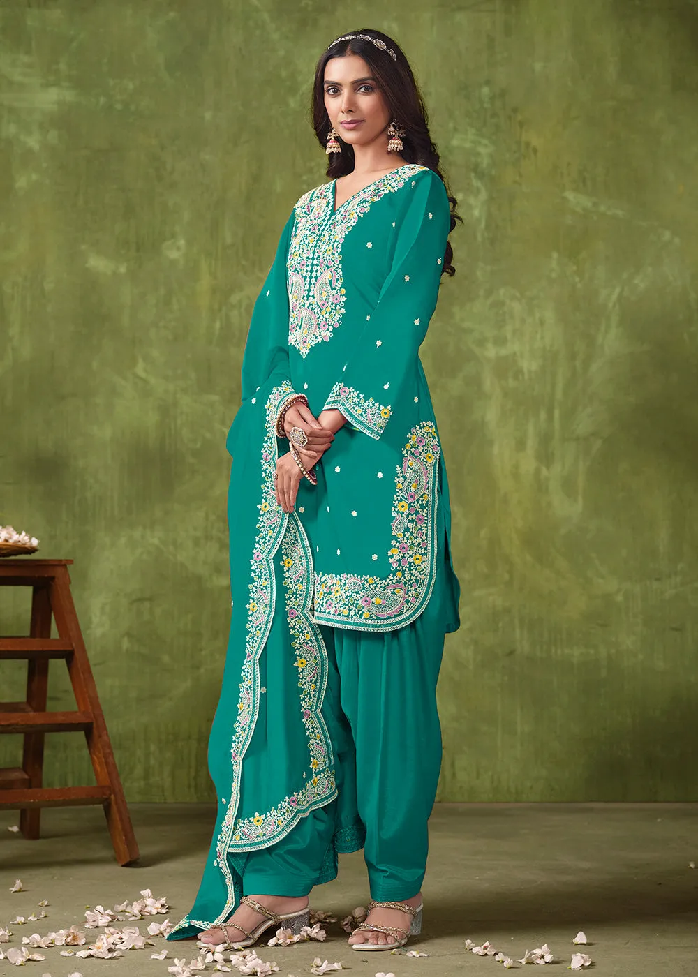 Patiala Style Turquoise Chanderi Silk Punjabi Salwar Suit