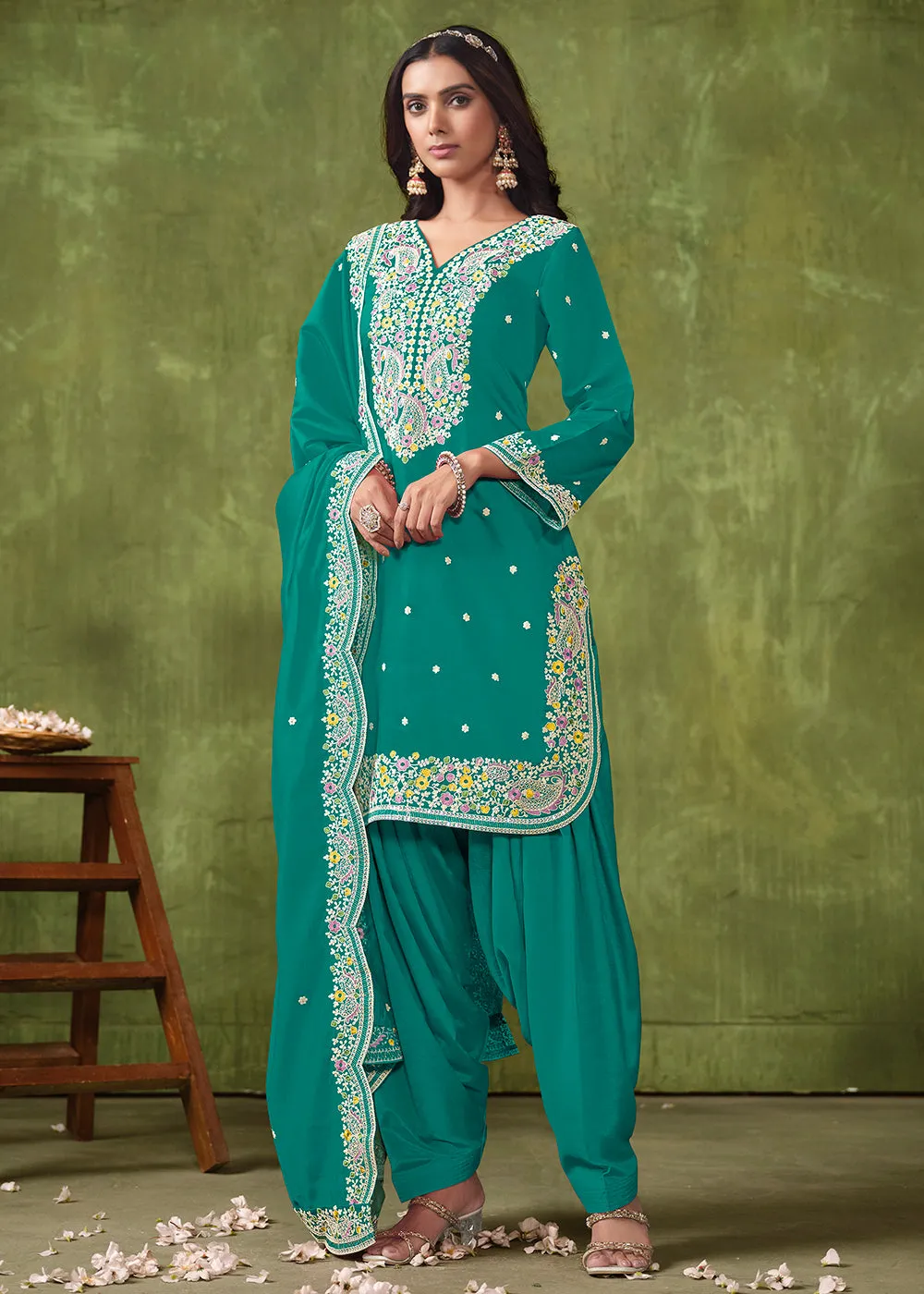 Patiala Style Turquoise Chanderi Silk Punjabi Salwar Suit