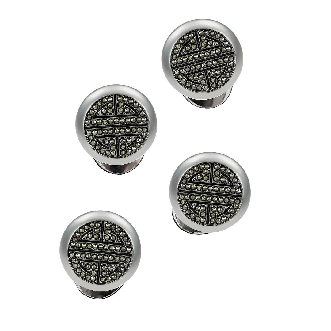 Pave' Marcasite Greek Key Pattern Sterling Silver Tuxedo Studs