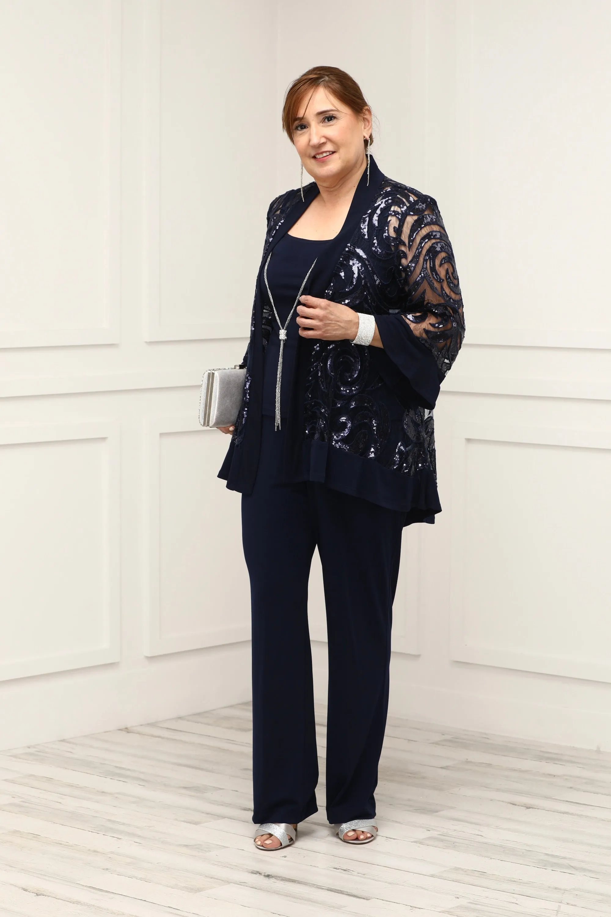 Petite Women's 2  Piece Sequin Net lace Pantsuit  with Necklace